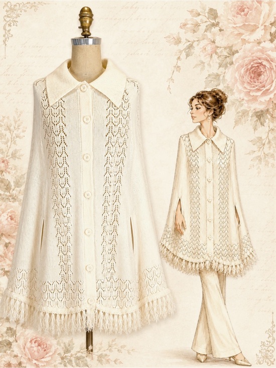 Vintage Sweaters - VINTAGE 70s sweater cape poncho shawl fringe arm holes pointed collar white knit
